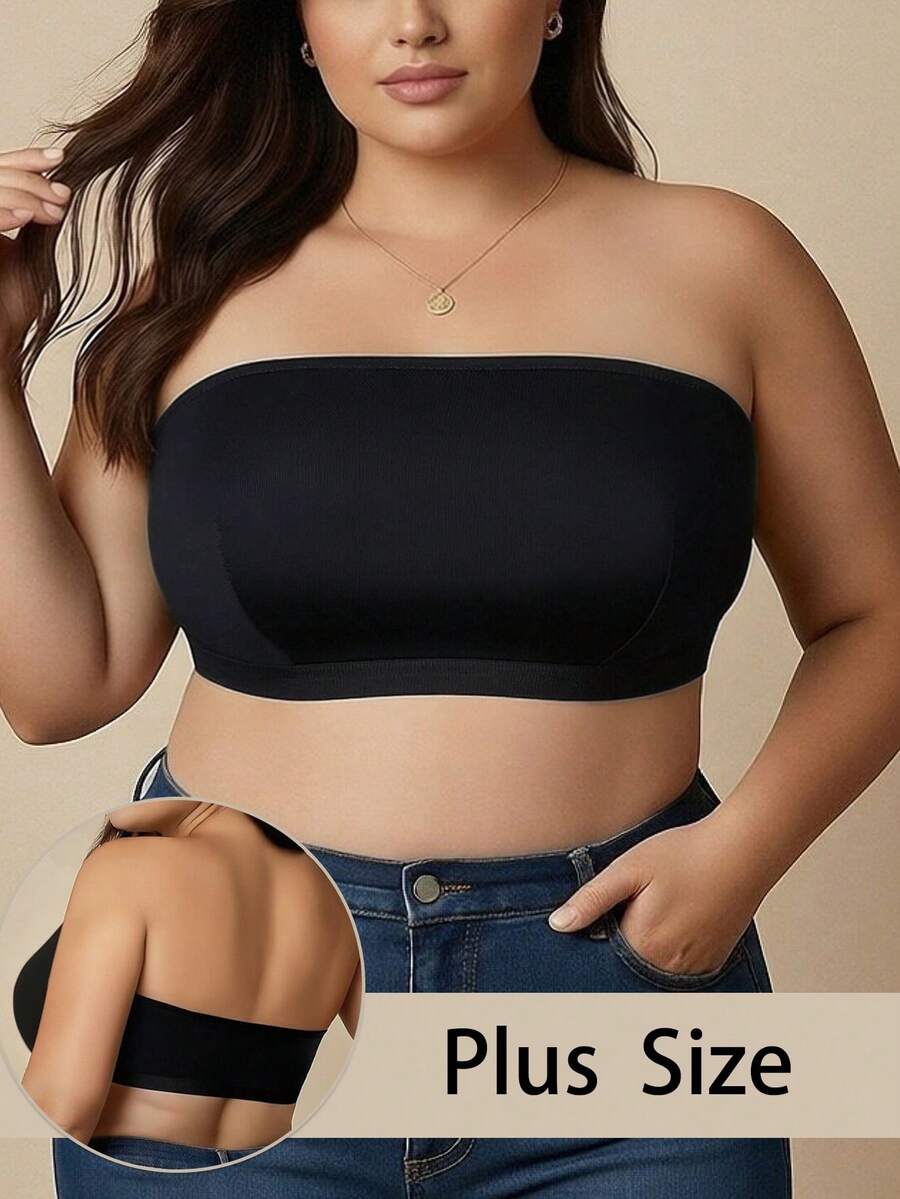 大码女士无肩带性感褶皱文胸吊带背心，适合夏季度假穿着 - 黑色 - 查看 1