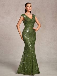 Đầm dạ hội thanh lịch cổ chữ V, thêu ren và đính sequin, dáng đuôi cá, thích hợp cho khách dự đám cưới, lễ tốt nghiệp, dạ hội mùa xuân. - Màu xanh Ô liu - Xem 5