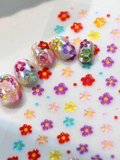 5D Macaron Jelly Five-Petal Flowers Nail Art Stickers Embossed Reliefs Colorful Flowers Nail Decal Cartoon Kawaii Floret Slider