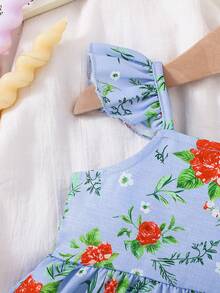 女婴夏季两件套，蓝色玫瑰印花吊带背心+配套荷叶边短裤，可爱清新 - 藍色 - 查看 6
