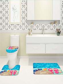 1/4 Stücke Blauer Traumhafter Ozean bedruckter wasserdichter Duschvorhang, Badezimmer Dekor Set mit Ozean Elementen, inklusive Badematte, U-förmige Toilettenmatte, dekorative Haken, moderne Badezimmer Accessoires für Zuhause, waschbarer Polyesterstoff, geeignet für Hotel, Apartment, Zuhause - Mehrfarbig - Übersicht 6