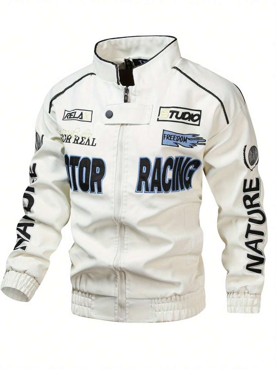 Men's Fashion PU Leather Jacket, With Motorcycle Racing Pattern, Breathable Stand-Up Collar, Zipped Long Sleeves, Side Pockets - Ideal Choice For Spring And Autumn, Autumn Jacket | Pattern PU Leather Jacket | Flexible Fitting Jacket, New Windproof Jacket With Pockets, Suitable For Casual Daily Wear, Outdoor Activities, Street Style, Stylish And Chic Jacket For Autumn And Winter Leisurewear. - 白色 - 查看 1