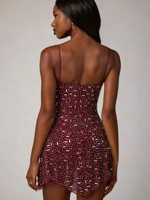 Vestido mini ajustado sexy con volantes en el bajo y pedrería, vestido de fiesta transparente, vestido de noche formal para mujer, vacaciones, boda - Burdeos - Ver 7