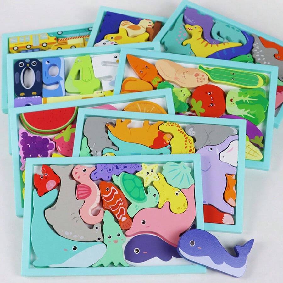 3D立体拼图积木，适用于幼儿教育、智力开发、益智玩具，包含动物、恐龙、海洋、数字蔬菜、水果、农场、交通工具等八大创意主题，适用于幼儿教育，卡通动物，创意木制3D立体拼图积木