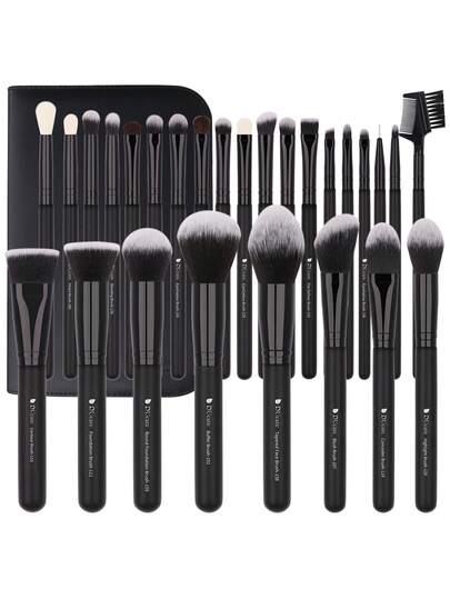 DUcare 27件套专业化妆刷套装，经典黑白配色，合成纤维刷毛，木柄，包含粉底刷、遮瑕刷、腮红刷、眼影刷、歌舞伎刷等，附带使用说明，完整化妆刷系列，沙龙级品质，是送给初学者、化妆师、男女的完美礼物，纯素且不经动物实验。奢华美妆工具，适用于全脸妆容，旅行化妆刷套装。