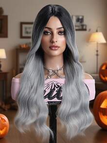 24英寸渐变黑灰长卷发假发，女士适用 - 耐热合成纤维，外观自然，适合日常佩戴、家庭聚会、节日、派对、角色扮演、情人节等场合。 - 漸變灰色 - 查看 3