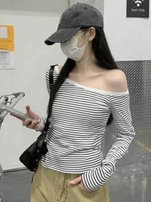 女士休闲条纹斜肩长袖修身打底T恤，百搭，春秋季白色 - 白色 - 查看 3