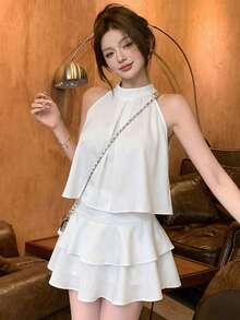 女士夏季无袖吊带背心和荷叶边迷你裙两件套 - 白色兩件套 - 查看 6