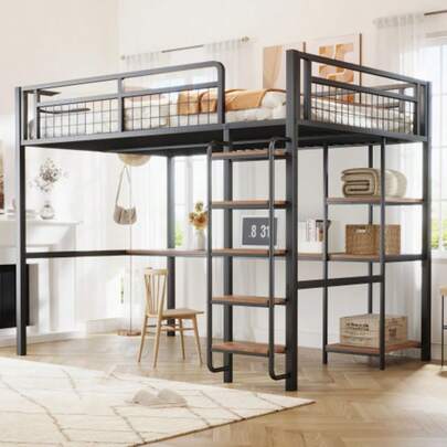 Metall-Hochbett 140*200 Cm, Sicherheitsleiter Mit Treppe, Kinderbett Mit Tisch Und Regal, Jugendbett Erwachsenenbett, Metallgitter-Sicherheitszaun, Schwarz