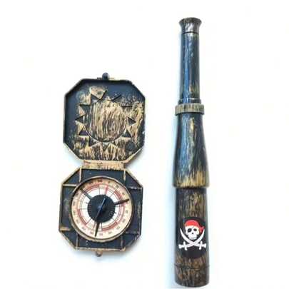 2pcs/Set Pirate Role Play Telescope & Compass Props Set, Vintage Party Supplies, Treasure Hunt Theme Accessories, Captain's Eye Patch & Dial Decor, Suitable For Birthday Party, Stage Performance, Themed Events