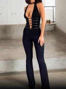 Women's Sexy Lace Deep V-Neck Backless Jumpsuit Women's Y2K Fitted PU Leather Decorated Tie-Up Wide Leg Jumpsuit Bodycon Jumpsuit Nightclub Street Style, Suitable For Various Occasions: #Evening Gown #Backless Outfit #Christmas Party #Party Outfit #Date Outfit #Christmas #Christmas Party #Valentine's Day #New Year #Year-End #Christmas Party Outfit - Black - View 8