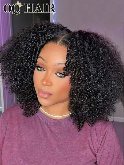 OQ Hair 200% Density 10-16 Inch Afro Curly Bob Wear Go Glueless Wig Pre-Cut 7x5 Transparent Lace Front Wig Natural Black Pre-Plucked Hairline Suitable For Beginners-No Glue Needed, 100% Human Hair, Breathable Cap, Lightweight And Comfortable For Daily Wear, Minimal Shedding, Can Create Office, Halloween, Party, Y2K, Rebellious, Vacation, Outdoor, Cosplay, School, Holiday, Christmas, Party, Wedding And Other Styles, Suitable For Women