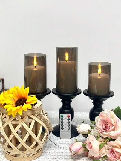 3pcs Flameless Flickering Candles Set, 3D Wick ABS Resin Battery Powered LED Pillar Candles With Remote Control And Timer, Suitable For Bathroom, Study, Autumn, Halloween, Christmas Home Decor - 3 Pack Grey