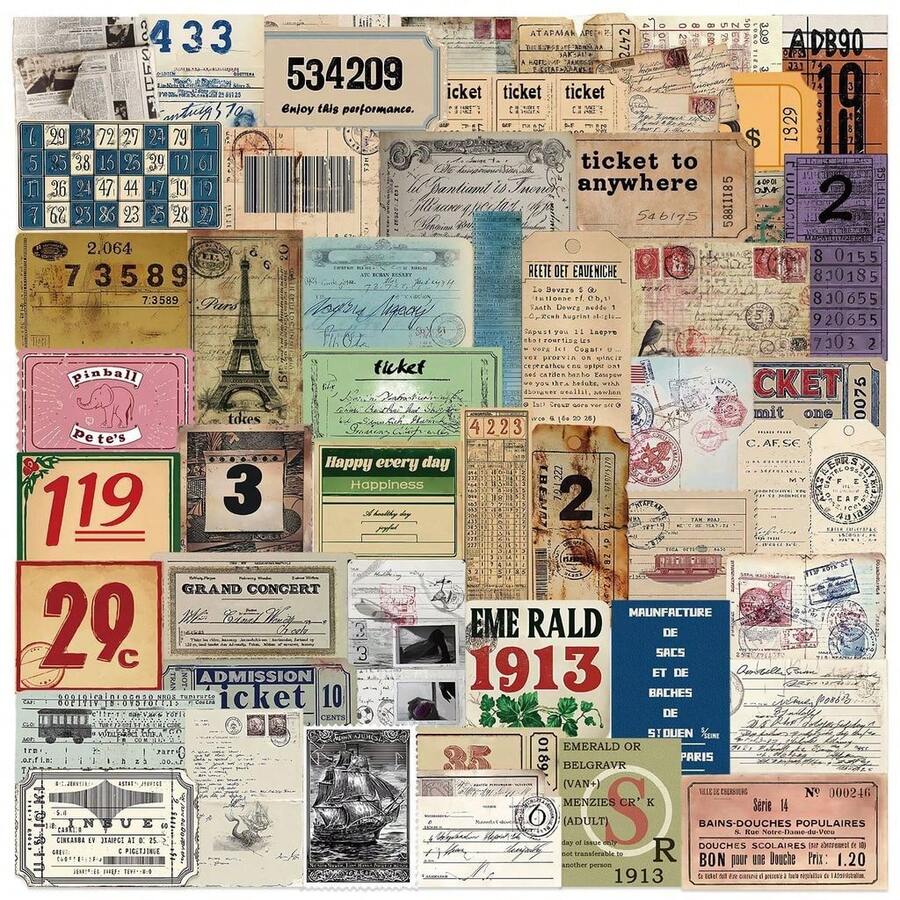 50 Pcs Vintage Label Art Stickers - Waterproof PVC Decals For Phone, DIY Journals & Water Bottles - 50PCS - View 1
