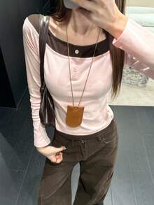 女士秋季新款弹力修身露肩打底衫露肩长袖T恤休闲粉色春季 - 粉色 - 查看 6