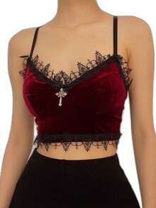 GLAM Gothic Cropped Top With Lace Straps - Đỏ - Xem 2