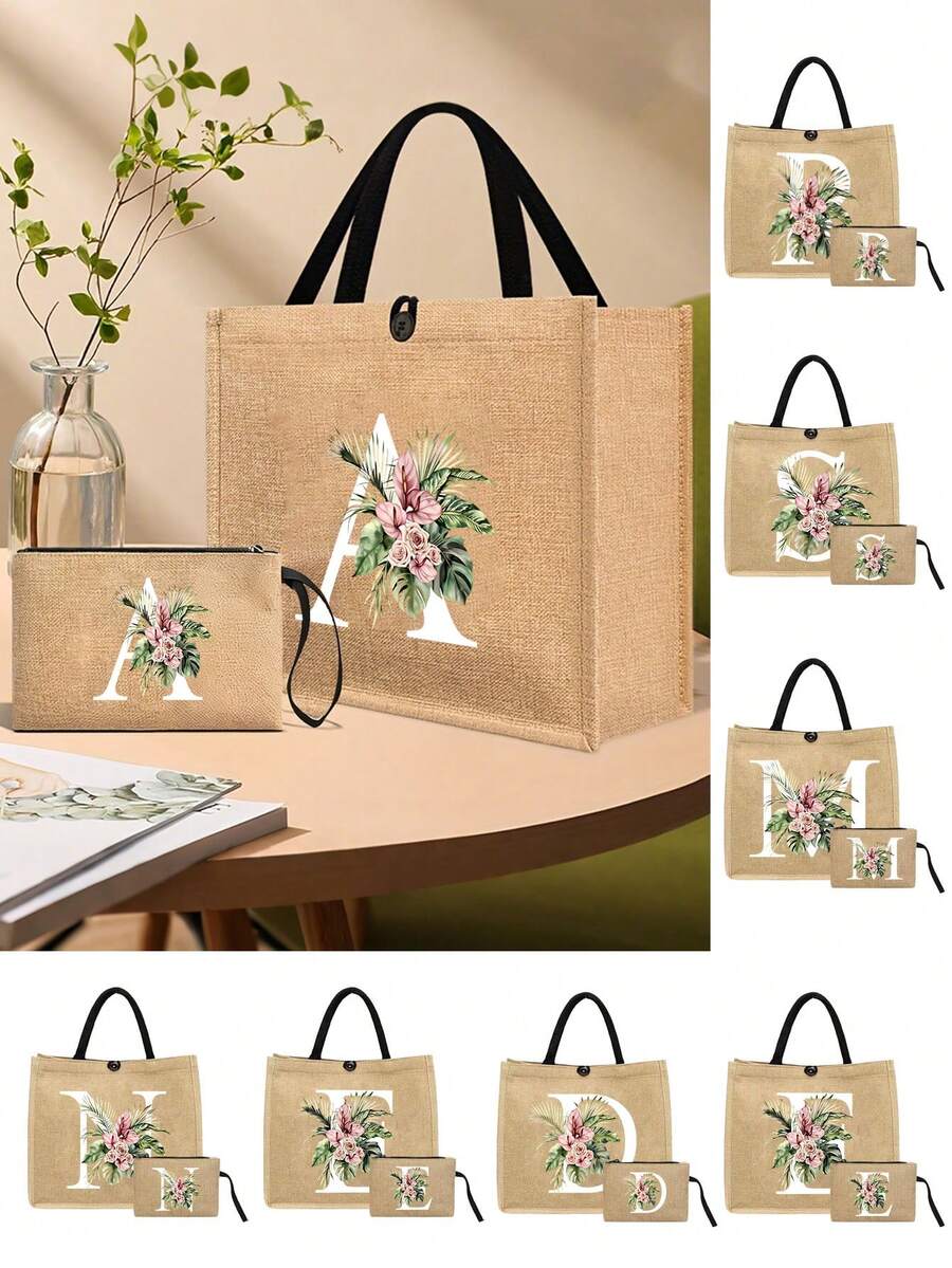 1个简约字母印花亚麻手提袋，情人节女友礼物，多功能便携亚麻手提袋，适合教师节、教师节、女士等场合，字母印花手提袋，化妆包，精美旅行沙滩包，可重复使用的购物袋，适合婚礼、生日、海滩、假日等场合。 - 彩色 - 查看 1