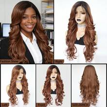 13*4*1 侧分长款波浪棕色酒红色铜红色合成蕾丝前假发，带婴儿绒毛，适合女性日常、派对、假日佩戴，耐热纤维，预先拔毛的自然发际线，蓬松自然，高密度，无需胶水 - 彩色 - 查看 5