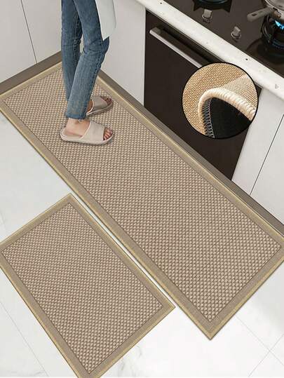 3.5毫米厚软橡胶亚麻厨房地垫，现代简约风格吸水厨房地毯，包边设计防止脱皮，吸水易清洁，亚麻表面中间填充泡沫，底部为橡胶材质，适用于厨房、浴室、洗衣房、走廊、客厅等场所。