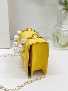 1pc Mini Girl Crinkle Plaid PU Flap Simple Versatile Pearl Handbag Shoulder Bag, Suitable For Daily Use - Yellow - View 6