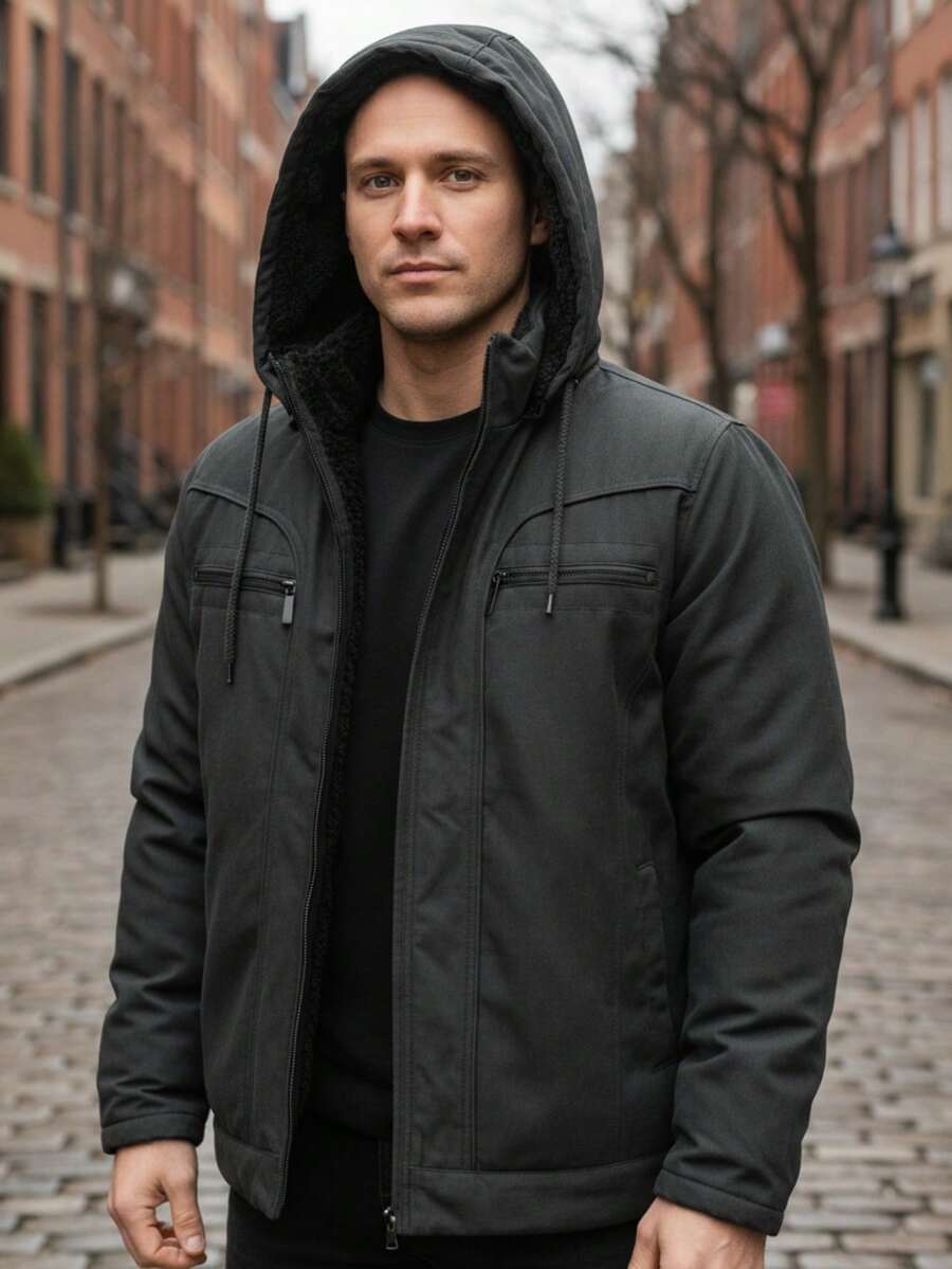 Men's Twill Jacket, Stylish Coat With Hood And Pockets - màu đen - Xem 1