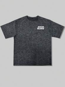 Zrgoth Camiseta de manga corta con elemento de eslogan en inglés de estilo americano minimalista y versátil casual para hombres - Gris Oscuro - Ver 5