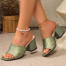 Elegant Lace Pattern Decor Chunky Heel Slide Sandals, Open Toe Mule Slippers, High Heel Slip-On Sandals For Summer - Green - View 4