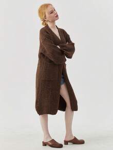 女士优雅涤纶针织长款开衫，长袖，大口袋，不对称下摆 - 棕色 - 查看 5