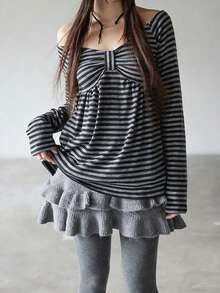 Bow Classic Striped Off-Shoulder Long Sleeve Top - Grey - View 5