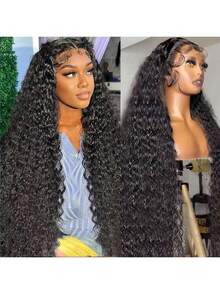 13x4 Inch Human Hair HD Transparent Lace Front Invisible Water Wave Fluffy Bangs Wig, 200% Density, 24 Inch - Natural Black - View 3