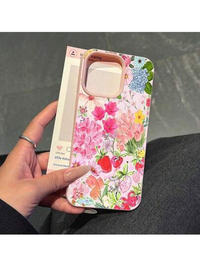 1件新款时尚INS风油画草莓、郁金香、百合花印花彩色花卉美学图案粉色皮革质感手机壳，全包覆式软TPU防震保护套，兼容苹果17 Pro Max/17 Pro/17/16 Pro Max/16 Plus/16 Pro/16/15 Pro Max/15 Pro/15/14 Pro Max/14 Pro/14/13 Pro Max/13 Pro/13/12 Pro Max/12 Pro/12/11