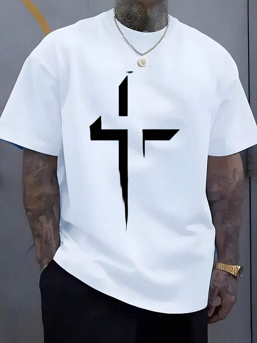 T Shirt With Black Cross Print For Casual Wear - 白色 - 查看 1