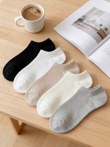 5 Pairs Solid Color Casual Boat Socks, Unisex, Thin Spring Style, Suitable For Casual And Formal Occasions, Minimalist Design, Soft Fabric, Women Low Vamp Invisible Socks - Multicolor - View 5