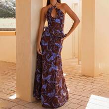 Y2k Ruffle Long Skirt Sets For Women 2 Piece Outfits Summer Ruched Backless Cami Top Matching Boho Maxi Skirt Set - Coffee Brown - a - View 4