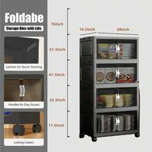 28inch 600Qt Stackable Storage Bins With Lid, Extra Large Closet Organizer Collapsible Drawer Boxes With Wheels, Folding Plastic Cabinet Containers For Home Kitchen Room Organization, 1/2/3/4/5Pack - 灰色 - 查看 15