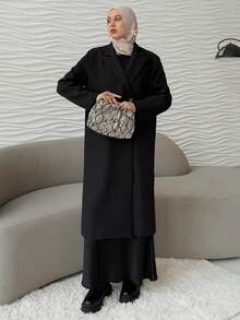 Livesso Lapel Neck Double Breasted Longline Coat,Fall Clothes Women Jacket - Black - View 6