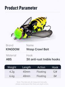 KINGDOM 1pc Wasp Crawl Bait 4.2g 40mm 6.6g 48mm Floating Fishing Lure, Bionic Design, Hard Bait For Bass, Pike, Trout, During Noise Attract Fish, Easy To Create Big Water Splash, Floating Lure For Freshwater & Saltwater Fishing - Multicolor - View 3