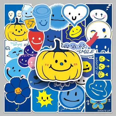 50张蓝色笑脸剪贴簿贴纸 - 原创可爱卡通图案，防水DIY装饰，适用于手机壳、奶茶杯、水杯等，也适合笔记本和工艺品装饰。