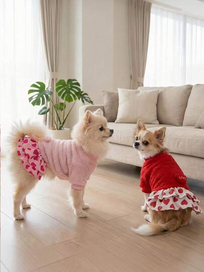 Small Dog Sweater Dress With Heart Pattern | Valentine'S Day Knitted Turtleneck Pet Outfits Warm Dog Clothes For Teddy, Chihuahua, Pomeranian, Maltese
