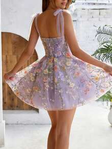 Dresses For Women,Women's Fashionable 3D Floral Embroidered Bodycon Sexy Suspender Dress - 淺紫色 - 查看 5