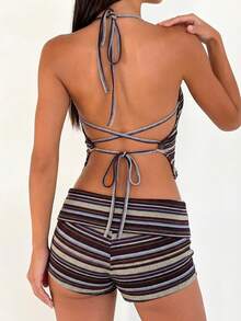 Bộ đồ hai mảnh kẻ sọc phong cách Y2K dành cho nữ - Áo croptop cổ yếm dệt kim gân với dây buộc chéo phía sau và quần short cạp thấp. - Nhiều màu - Xem 2