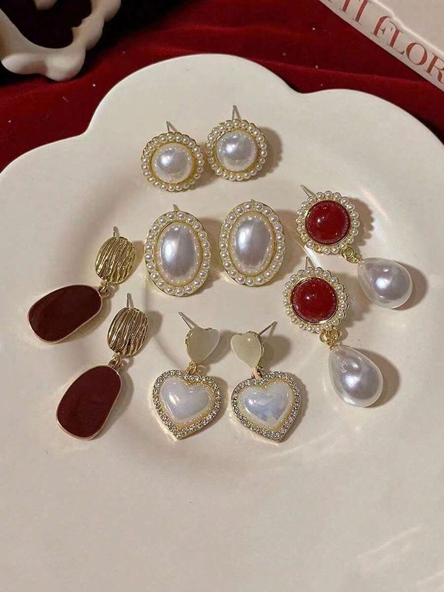 5对简约复古仿珍珠心形和几何椭圆形独特耳环套装,优雅百搭,适合女性,情人节、日常佩戴、节日等场合。 - 彩色 - 查看 1
