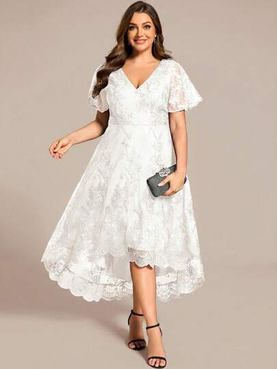 优雅复古高低摆白色新娘送礼会礼服，春夏婚礼宾客礼服，婚礼派对新娘正式礼服