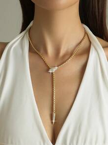 1pc Luxury Mysterious Snake Cubic Zirconia Chain Necklaces, Vintage Funky Long Clavicle Chain For Daily Wear, PartyAccessory And Gift For Friends - Yellow Gold - View 2