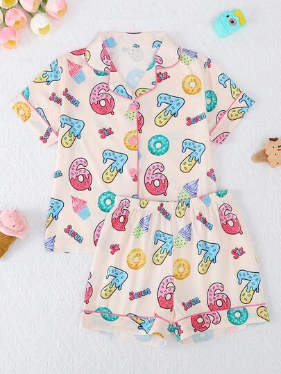 2-Piece Girls' Casual Playful Online Meme "67" Snack Pattern Print Collared Short-Sleeved Cardigan And Shorts Pajama Set, Flame Retardant, Suitable For All Seasons.