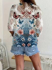 Women's Casual Vacation Floral & Butterfly Print V-Neck Open Knit Top, Spring/Summer/Autumn White - White - View 3