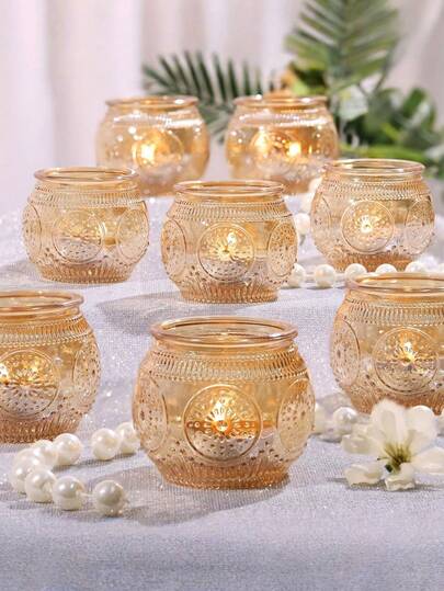6/12pcs Vintage Votive Candle Holders, Gold Glass Tea Lights Candle Holder For Wedding Table Decorations,Bridal Shower, Shower Decrations, Boho Tea Party Decor, Wedding Party Gifts For Guests