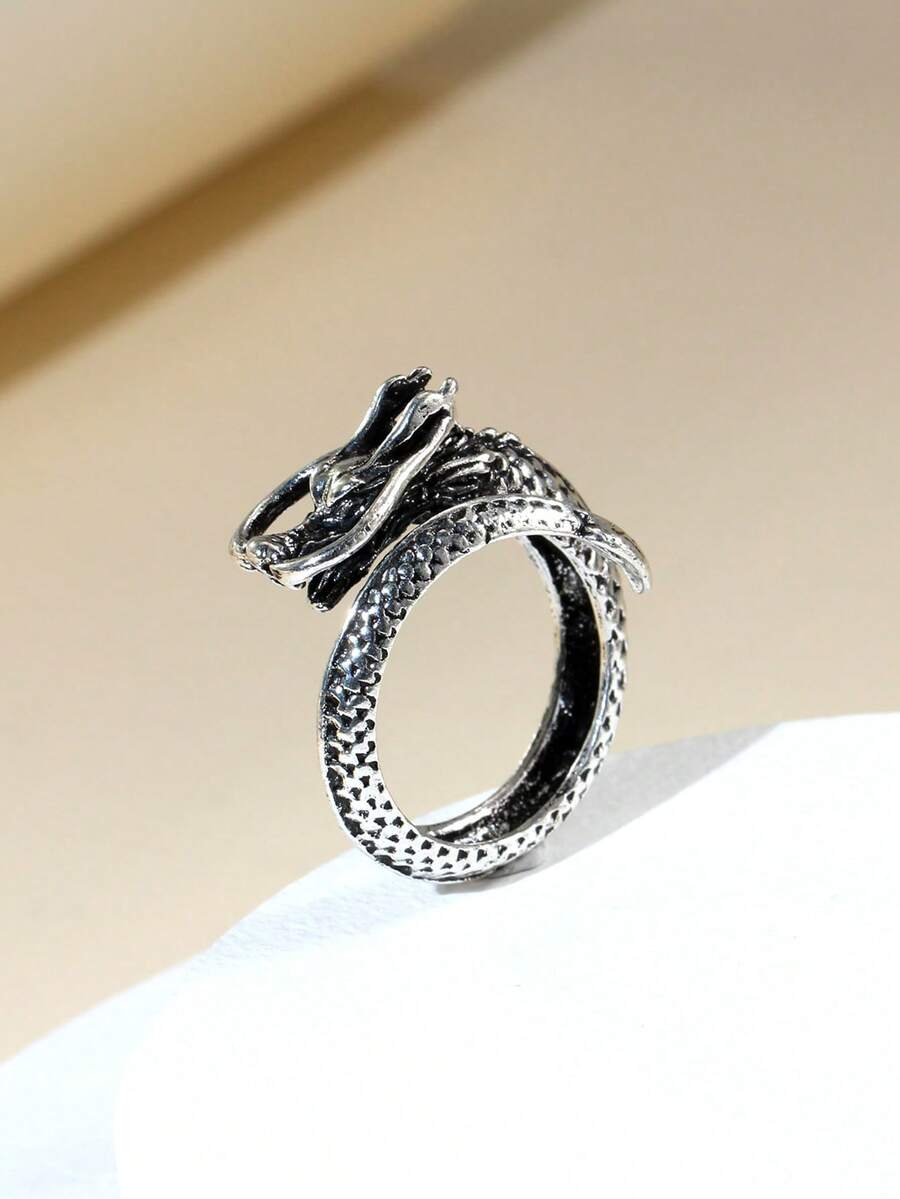 1枚复古龙形可调节戒指，男女通用 - 復古銀色 - 查看 1