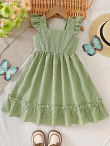 Young Girls' Spring/Summer Long Sleeve Dress With Textured Fabric, Square Collar, Flared Sleeves, And Large Bow At Back, Casual And Refreshing - Green - View 1