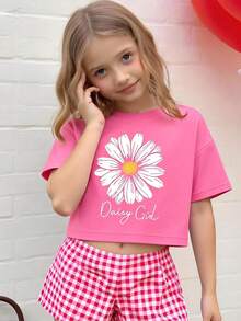 Girls' Letter & Daisy Print Short Sleeve T-Shirt, Casual & Fashionable New Style Tween Girl Clothing - Hot Pink - View 9